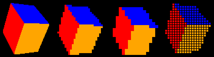 4 pixelated cubes with different pixel sizes, the last one having some
							spacing between the pixels