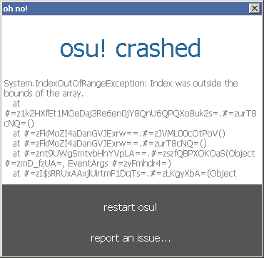 osu! crash reporter showing an IndexOutOfRangeException
